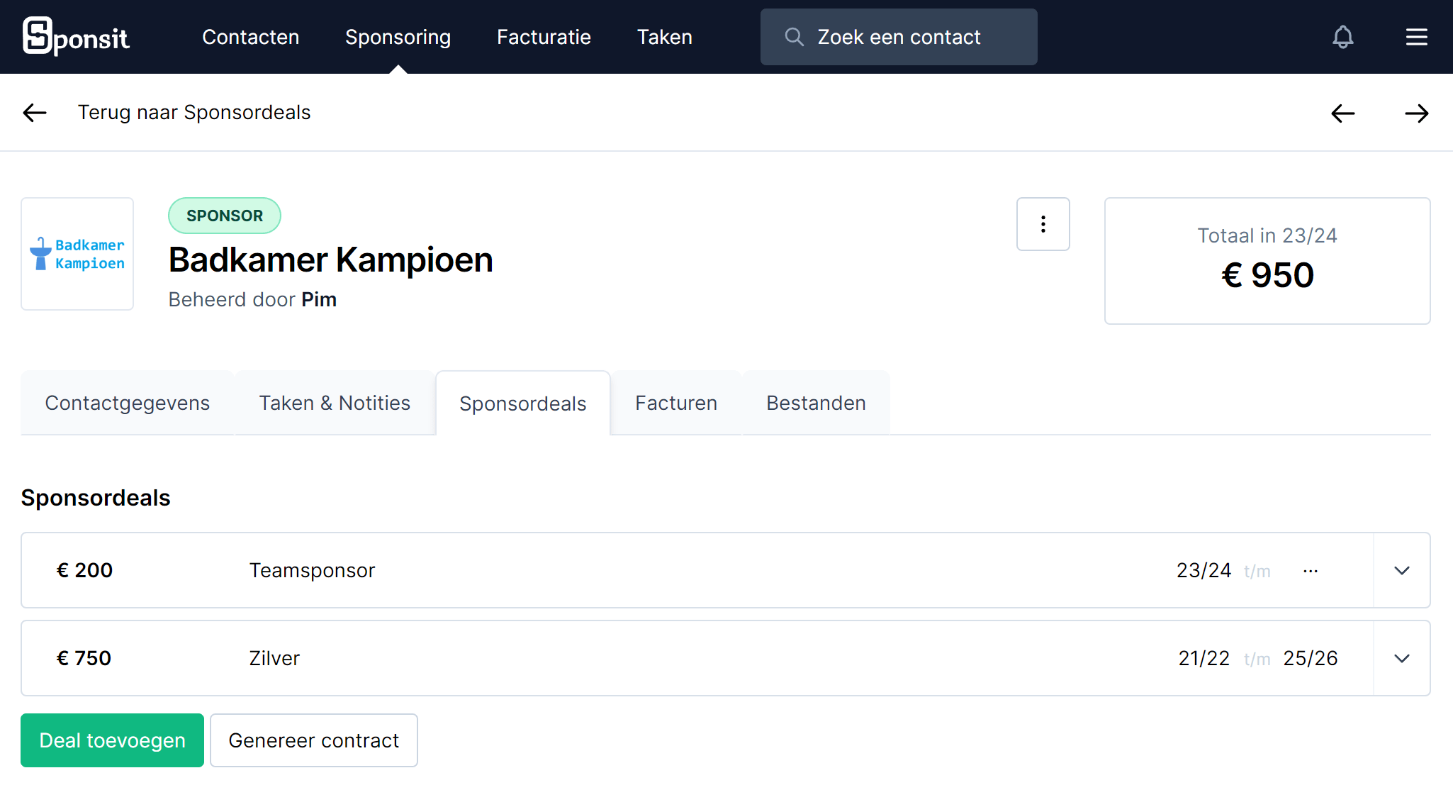 Screenshot van sponsordeals pagina